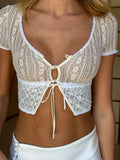 Women's Clothing Button Sexy Lace Short-Sleeved T-Shirt Strapped To The Open