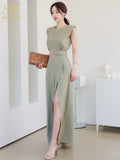 Han Queen Elegant Summe Business Jumpsuits Women O-Neck Split Wide Leg Trousers Long Playsuits Casual Work Wear Rompers-Outfit