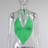 Satin V-Neck Halter Backless Party Top Sexy Rhombus Cami Tops For Women Festival Green Crop Tops Chic E-girl Mini
