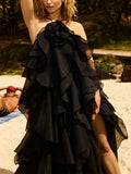 Dress Women 2025 Early Spring New Elegant Style Hanging Neck Sexy Leaf Side Long