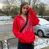 2022 Y2K Rhinestone Hoodies Women Skeleton Gothic Black Zip Up Oversized Sweatshirt Punk Skull Harajuku Hooded Jacket