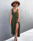 Romantic V-neck Sleeveless Solid Belted A-line Holiday