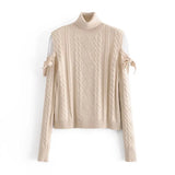 Autumn New Fashion Casual Turtleneck Bow Long Sleeve Solid Color Knitted Pullover Sweater