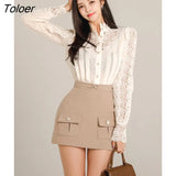 Autumn 2 Piece Outfit Elegant Women Casual Lace See Through Tops Shirt Blouse Femme High Waist Mini Skirt Mujer Slim