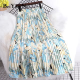 Summer Chiffon Beach Boho Maxi Women Skirt High Waist Floral Print Vintage Holiday Ruched Long Fashion Skirts