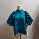White Patchwork Diamonds Shirts For Women Lapel Puff Short Sleeve Straight Korean Blouses Female New Summer