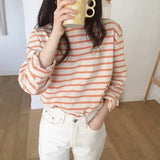 Women Trendy Daily Long Sleeve Elegant Sweet Student Womens Classic Casual Striped Tee Korean Lady O-Neck T-shirt