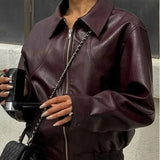 Women's Dress 2025 New Retro Simple Collar Zipper Leather
