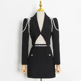 Patchwork Diamonds Two Piece Set For Women Puff Sleeves Crop Top Blazer High Waist Skirts Female 2021 Summer