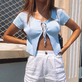 Strap Lace Up Tie Bow Cropped Top T-shirt Women Sexy Club Top T SHIRT Teachwear Clothes SummerVestidos Crop Top Tee