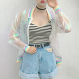 Summer Women Jacket Laser Rainbow Symphony Hologram Women BasicCoat Clear Iridescent Transparent Bomber Jacket