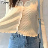 Green Thin Knitting Cardigan Women Spring Summer Button Up Long Sleeve Cropped Top Woman Round Neck Solid Color