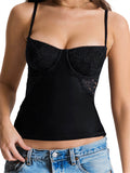 Vintage Sleeveless Strap V-neck Low Cut Camis Tops for Women Black Slim Fit Lace Patchwork See Through Tank Mini Vest-Outfit