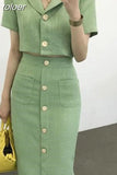 Korea Elegant Lapel Thin Tweed Small Suit Short Jacket + High Waist Chic Button Slim Womens Two Piece Skirt Sets Summer 703-1-Outfit