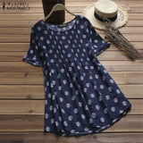 2021 Summer ZANZEA Women O Neck Short Sleeve Polka Dot Blouse Casual Loose Cotton Linen Work Shirt Pleated Top