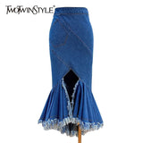 Asymmetrical Bodycon Denim Skirt For Women High Waist Patchwork Tassel Midi Skirts Female Fashion New Clothing