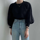 Simple Round Neck Women's Blouse Autumn Lantern Long Sleeve Pleated Casual Shirts Ladies Loose Elegant Woman Top