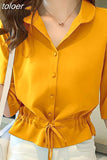 Women Solid Turn-down Collar Half Sleeve Chiffon Shirt Fashion Casual Shirring Single-breasted Blouses Female 703-1-Outfit
