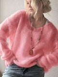 Glutinous V-Neck Long-Sleeved Sweater Woman 2025 Autumn And Winter Cover Solid Color Lazy Wind Loose Knitted Shirt
