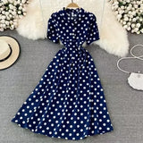 Summer French Retro Skinny Bubble Short-Sleeved V-Neck A-Shaped Dress Elegant Temperament Long