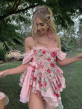 Coquette Floral Chiffon Dress Pink Side Bandage Aesthetic Ruffle Tulle Mini Dresses Boho Sweet Outfit Party Holiday