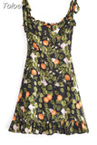 Summer French Pastoral Style Fresh Floral Print Slim-fitting Edible Tree Fungus Lace-up Dress Women A-line Skirt