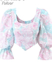 Cute Square Neck Puff Sleeve Short Blouse Woman 2023 Spring Summer New Vintage Slim High Waist Fairy Crop Top