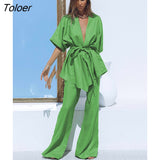 Casual Summer Outfit Cotton Linen Wrap Shirt Belt Short Sleeve 2 Pieces Sets Elastic Waist Wide Trouser Suits Women