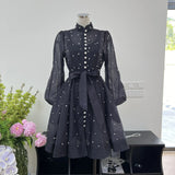 French Niche Collar Heavy Industry Nail Drill Luxury Wind Bubble Long Sleeve Buckle Waist Dress With