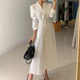 Solid Belt Dress Women Spring Autumn Notched Long Sleeve Office Ladies Blazer Dress Female Long A-Line Black Dress-Outfit