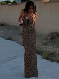 Women's Leopard Printed Maxi Dress Elegant Spaghetti Strap Backless Lace-up Robe Skinny Retro Dresses Vestidos New 2023-Outfit