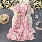 Vintage Square Collar Pleated Dress Women Spring Summer 2021 New Fashion Yellow/Blue/Red High Waist Bandage Party Vestidos