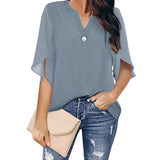 Toloer Women's Women's Short Sleeve Elegant Casual Solid Color V Collar Chiffon Shirt Chiffon