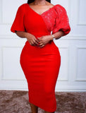 Formal Lace Patch V-Neck Puff Sleeve Midi