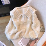 And Winter Lapel Sweater Spliced Woolen Striped Sweater Coat Women's New Lazy Cardigan Coat-Outfit