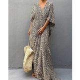 Women's Dress Fashion Beach Vacation Leopard Printed Robe Summer New Casual Elegant Loose V-Neck Split Floor-length