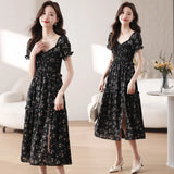 Summer New Thin And Gentle Flowers Holiday Travel Small Black Dress Medium Temperament