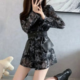 Women's Clothing Fashion Printed Midi Blaze Commute Sashes Waist Spring Autumn Casual Patchwork Elegant Tailored Collar