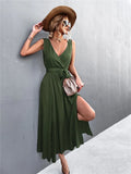 Romantic V-neck Sleeveless Solid Belted A-line Holiday