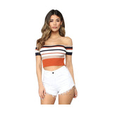 And Summer Explosion Of Women's Stripes Lace Bare Back Shoulder Leakage Collarbone Short T-Shirt Women's