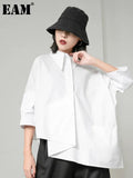 Women White Irregular Big Size Blouse New Lapel Three-quarter Sleeve Loose Fit Shirt Fashion Spring Autumn 2023