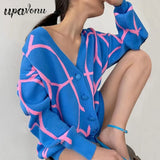 Free Shipping Women's Casual Oversized Cardigan Knitted 2022 Fall New V-Neck Lantern Long Sleeve Single-Breasted Printed