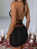 Women Halter Lace-up Short Mini Dress Sleeveless Off Shoulder Backless Hollow Out Knitted Beach Dress Female Vestidos-Outfit