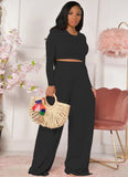 Fashion Slim Long Sleeve Round Neck Crop Top And Matching Wide Pants