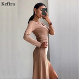 2022 Sexy Square Neck A Line Midi Dress Women Spring Kintted Long Sleeve Basic Street Vintage Khaki Split Party