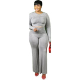 Size 4xl 5xl Two Piece Set Women Tracksuits Stretch Draped Crop Top Baggy Flared Pants Home Clothes Wholesale