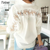Collar Cotton White Blouse Shirts Women Embroidery Floral Hollow Out Sexy Female Shirt Tops Loose Casual Blouses