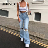 Flared Jeans Women Ripped Holes Jeans Hollow Out High Waist Zipper Pants Ladies Denim Blue Black Trousers Wide Leg