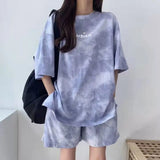 Women Shorts Matching Set Casual Loose Short Sleeve Clothing Female Print Tops Elastic Waist Pant 2 Piece Suit