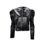 Black Jacket Women’s Pleated Long-sleeved Leather Coat Fashion Solid Color Zipper Open Round Neck Jacket
